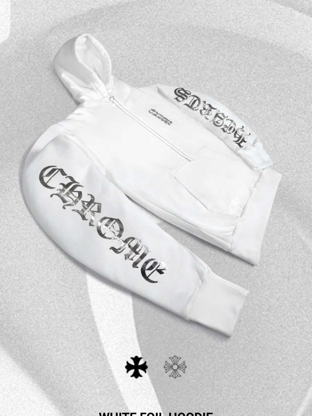 Chrome Hearts White Foil Hoodie with Black Gothic Script. New unworn